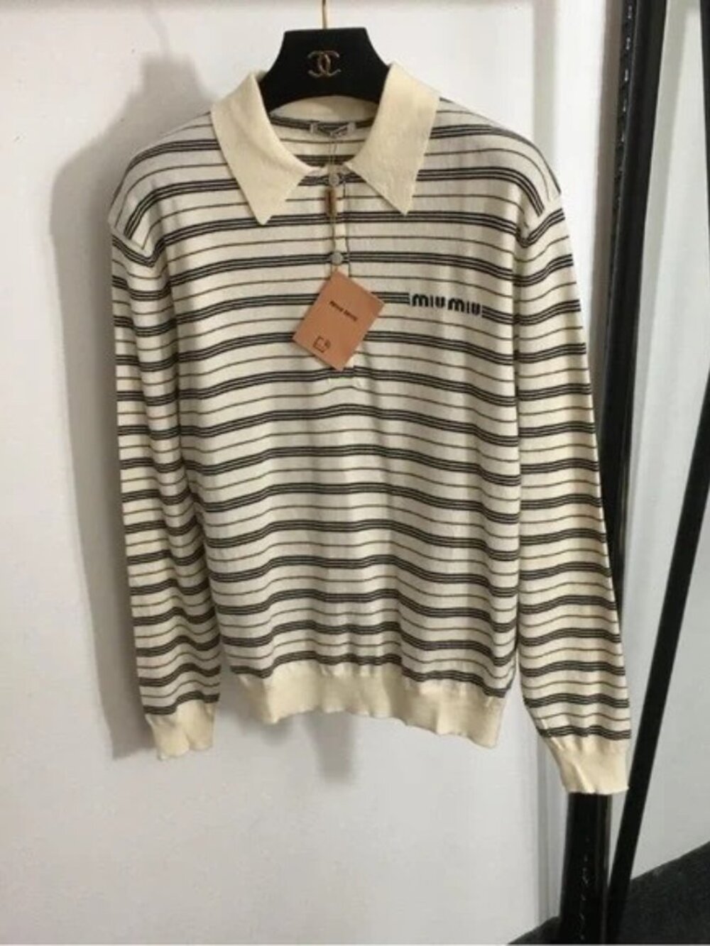 Miu Miu Cream and Black Striped Polo Sweater